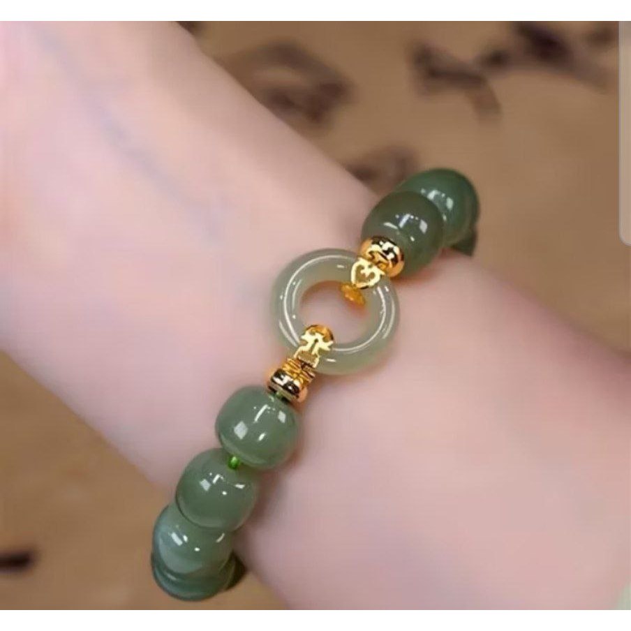 Gelang Giok Hijau Berlapis Emas Gelang Giok Cina Impor Asli Gelang Keamanan Manik-manik Dzi Estetika