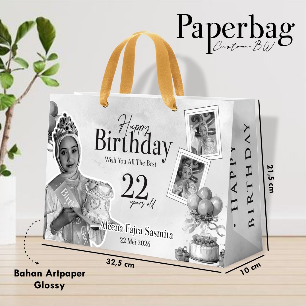 

PAPERBAG BIRTHDAY CUSTOM FREE FOTO BW - PAPERBAG BAHAN ART PAPER KUALITAS PREMIUM - PAPERBAG UAP BW