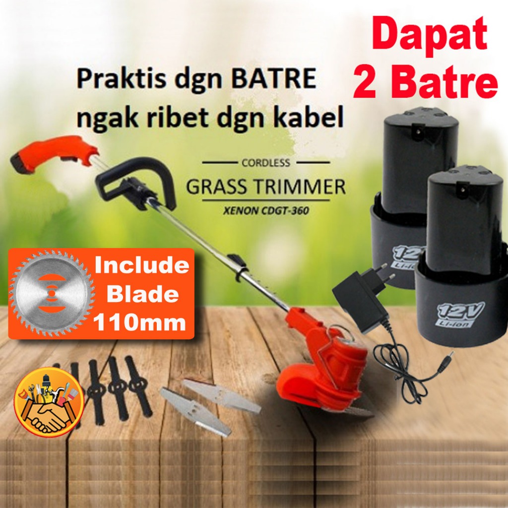 Mesin Potong Rumput Cordless Xenon CDGT360 Baterai 12volt Grass Trimmer 2 Battery xenon cdgt360