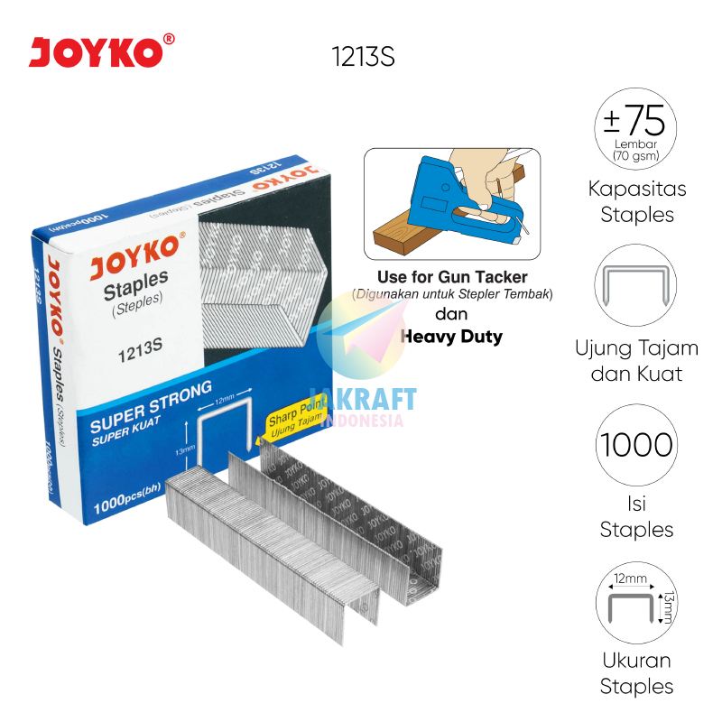 

(1000 Pcs) Staples JOYKO 1213S (23/13) 12x13 mm (1/2") Refill Isi Segala Merek Stapler Hekter Besar Heavy Duty Tembak Gun Tacker HD-12A/13, HD-12L/24, HD-12N/13, HD-12N/24, HS-6, HS-7, HS-11, HS-13, HS-12P/17, GT-702
