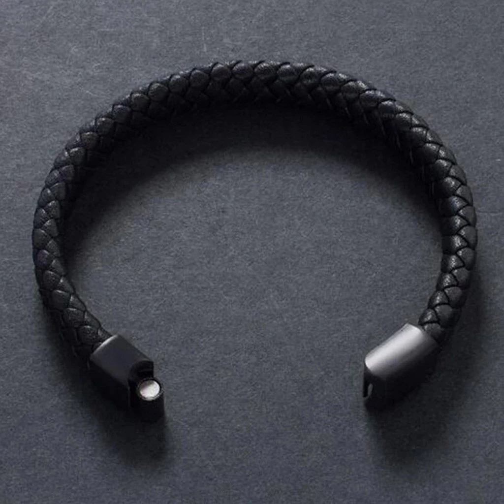 Hitam Gelang Perhiasan Pria Gelang Kulit Kepang Buatan Tangan, Gelang Hadiah Gesper Magnetik Besi An