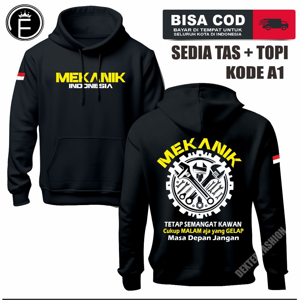 SWEATER HOODIE MEKANIK  GRATIS TAS DAN TOPI  (BAHAN KATUN COCOK UNTUK PRIA DAN WANITA)