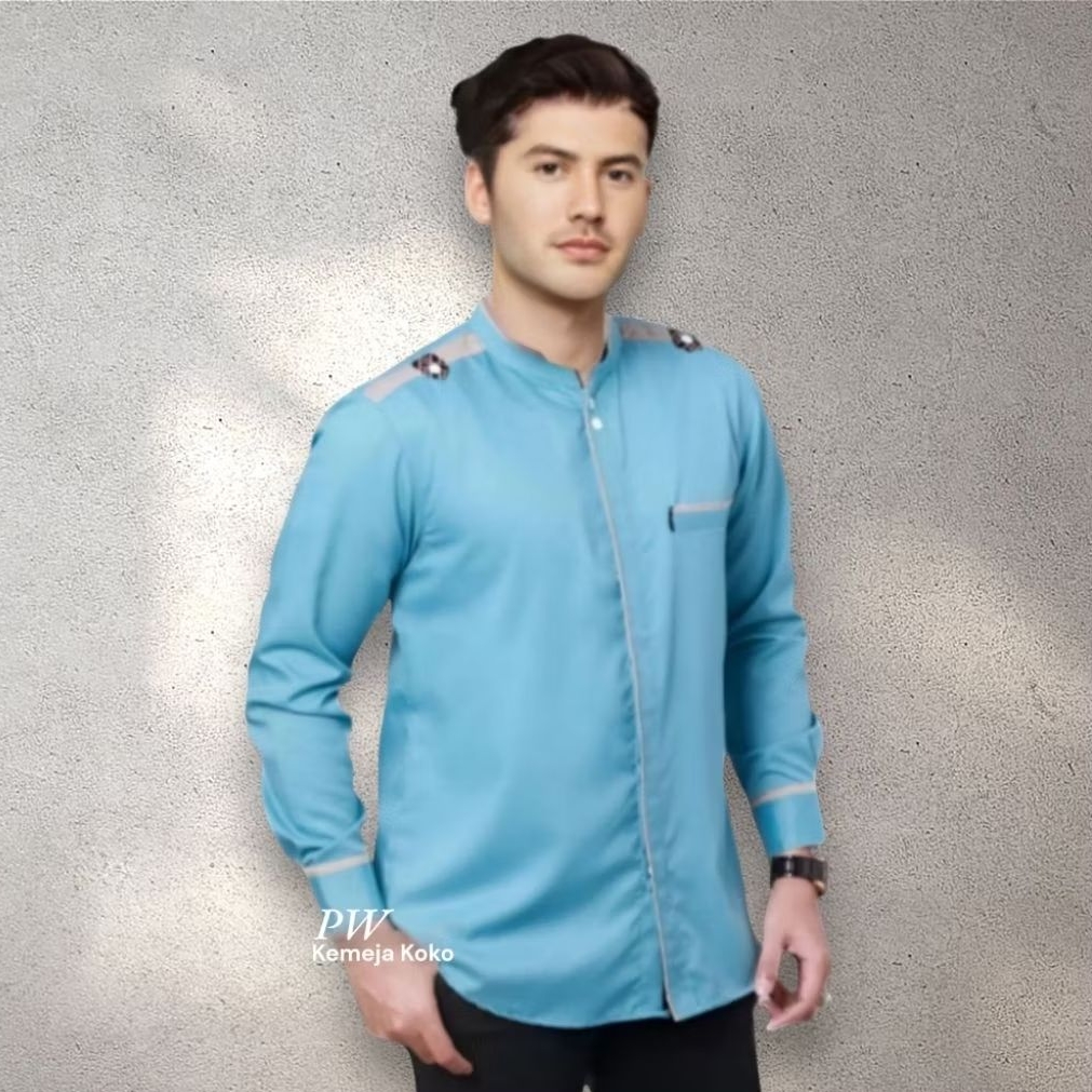 KEMEJA KOKO PRIA LENGAN PANJANG MAROKO BIRU WARDAH ATASAN MUSLIM PRIA SERAGAM HADROH HILWA TERLARIS