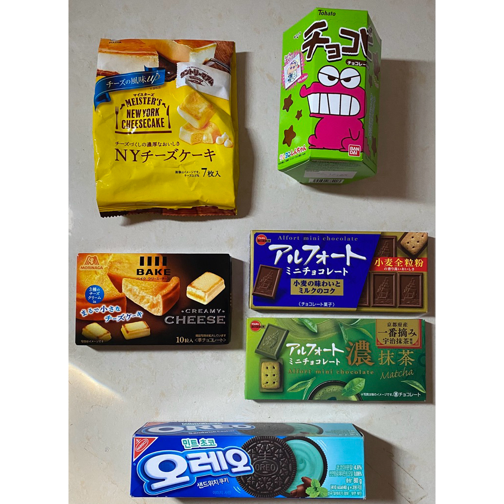 

snack jepang korea ny cheseecake meister chocobi chocolate japan morinaga bake creamy cheese bourbon alfort chocolate matcha oreo choco mint
