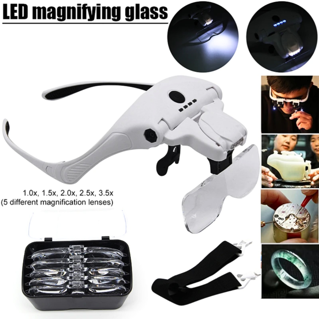 MALL Kaca Kacamata Pembesar Untuk servis hp elektronik dengan senter Jam Reparasi 5 Lens 3.5X