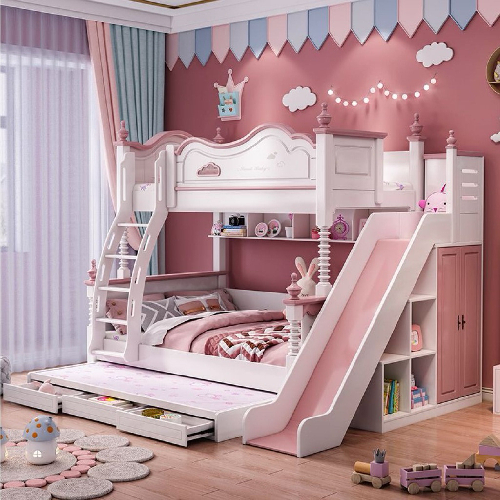 Tempat tidur tingkat anak perempuan perosotan, Ranjang tingkat anak prosotan pink murah