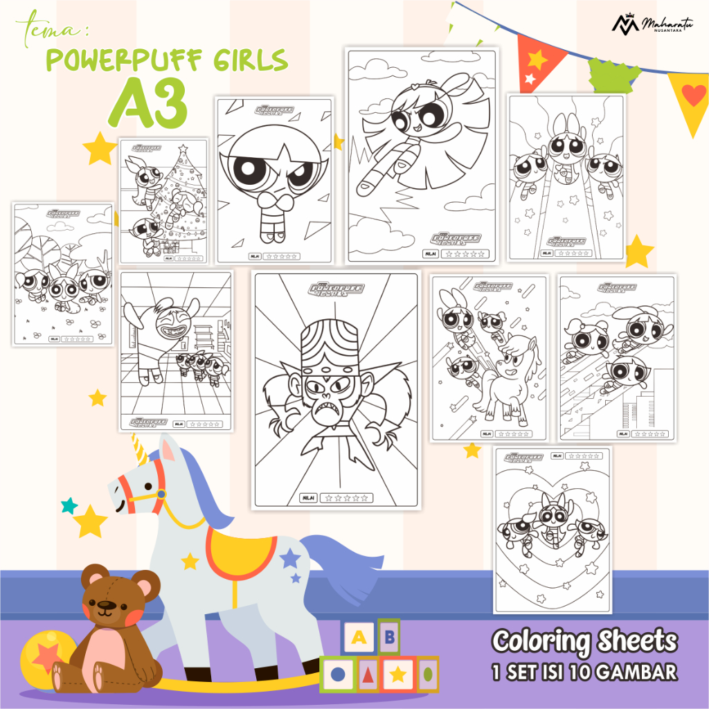 

[POWERPUFF GIRLS] KERTAS MEWARNAI UNTUK ANAK - LEMBAR GAMBAR UKURAN A3 - COLORING SHEETS READY STOCK