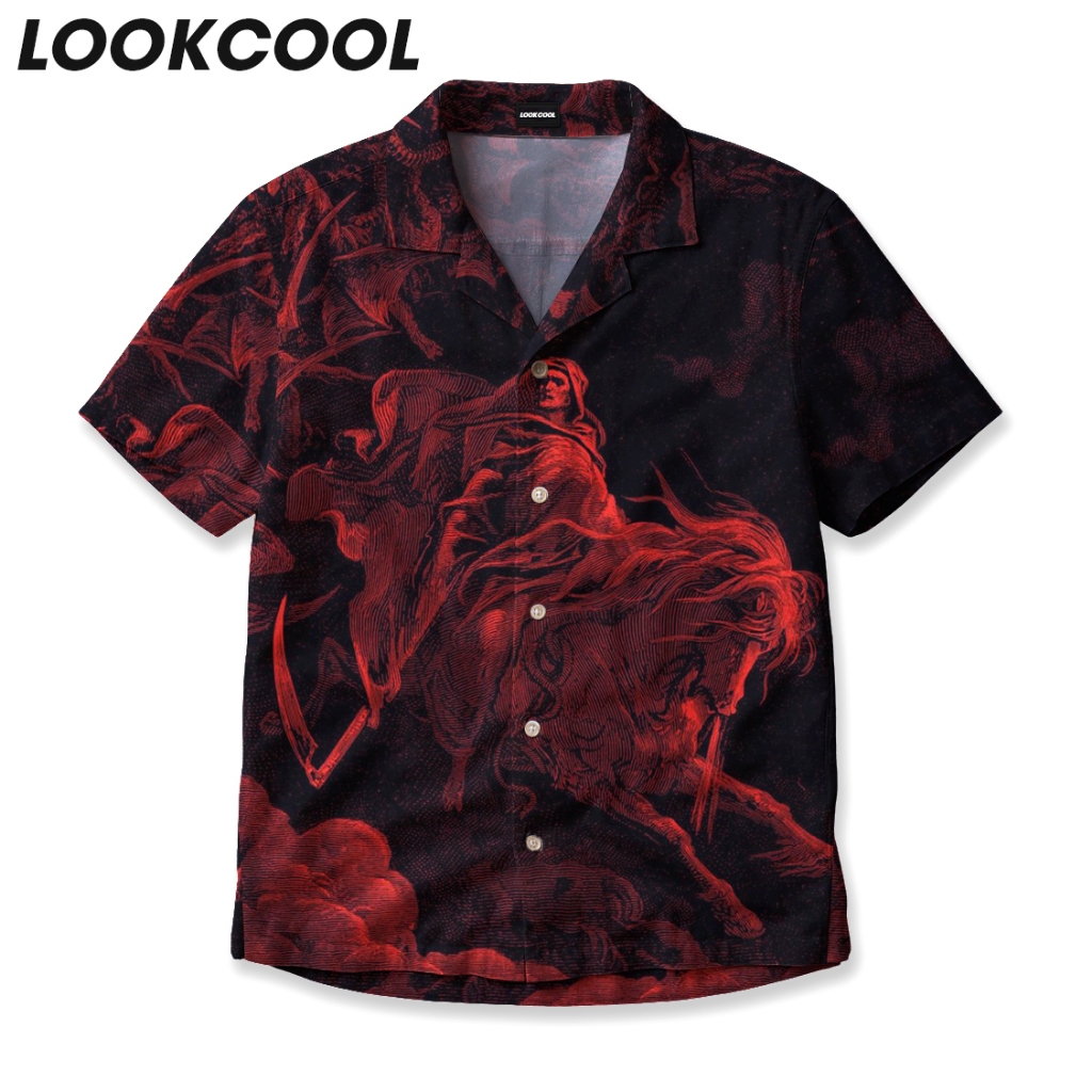 LOOKCOOL Kemeja Fullprint Ksatria Kuda Merah Gelap Unisex Lengan Pendek Desain Mistik Klasik