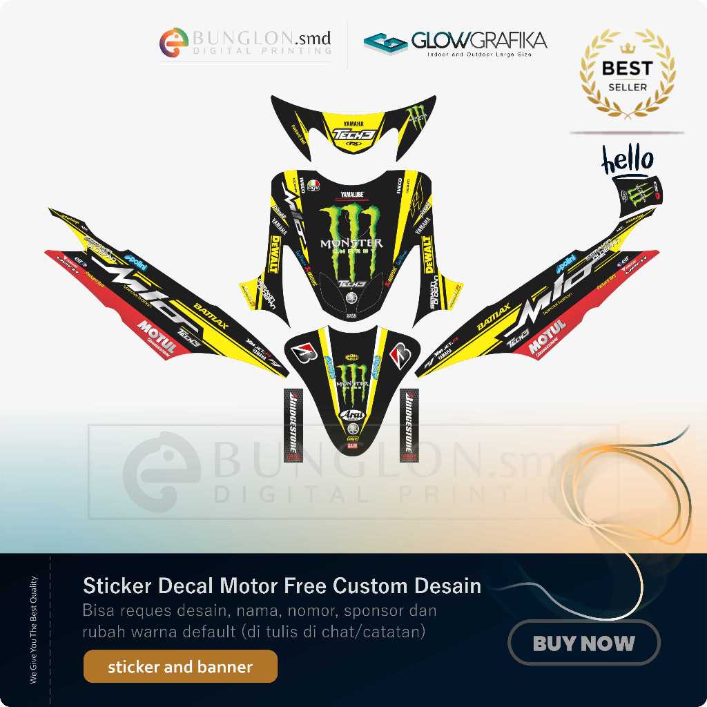 DECAL STIKER MOTOR CUSTOM YAMAHA MIO SMILE EDISI TECH3 POLOS HITAM KUNING