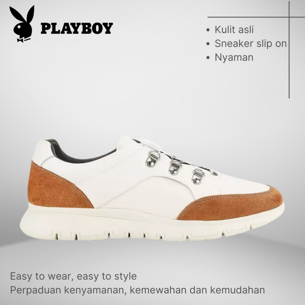 SEPATU PLAYBOY ORIGINAL SNEAKER SLIP ON PRIA KULIT ASLI PUTIH G8