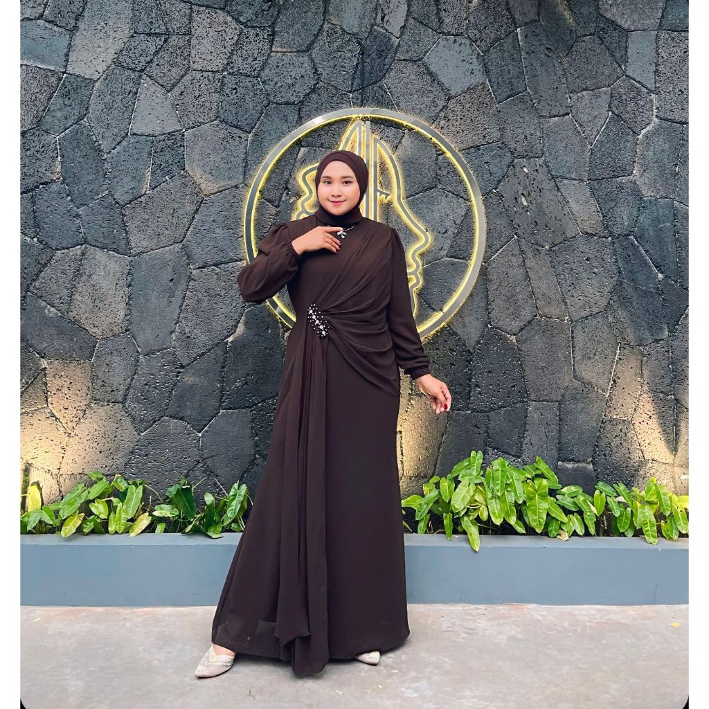gamis terbaru warna coklat dres kondangan adela dres satin silk baju fashion wanita kondangan wisuda