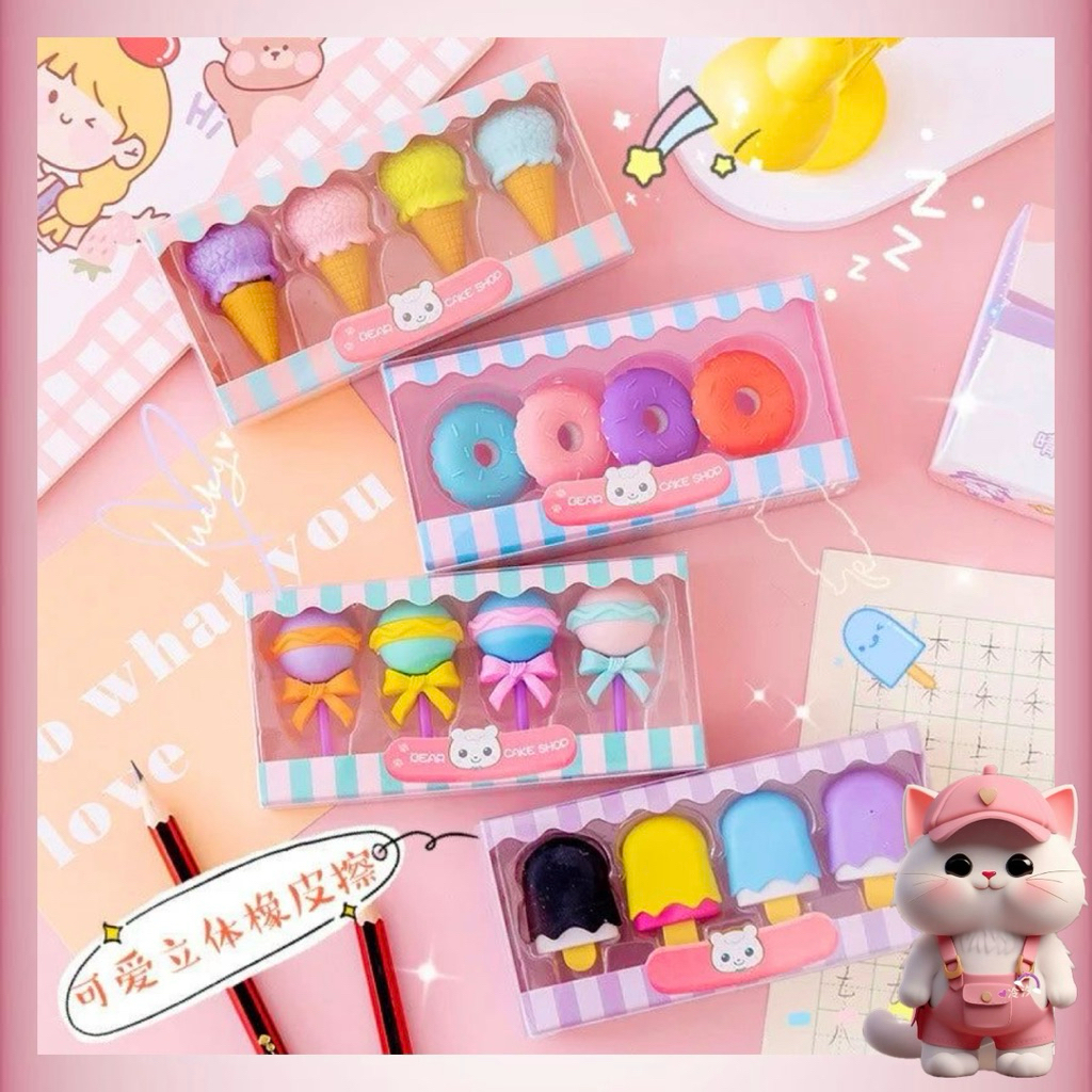 

N244 Penghapus Karakter Lucu Set 4 pcs Penghapus Cute Bentuk es krim penghapus lolipop donat penghapus pensil karakter sweet penghapus anak sekolah karakter penghapus lucu