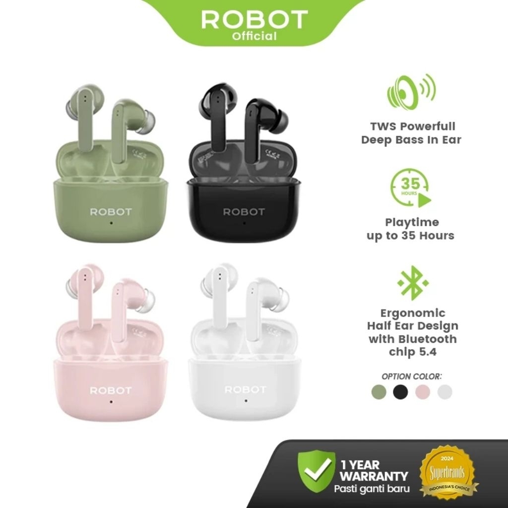 (GARANSI) ROBOT Airbuds T70E TWS Earphone Rich Bass Bluetooth 5.4 Original - Garansi 1 Tahun