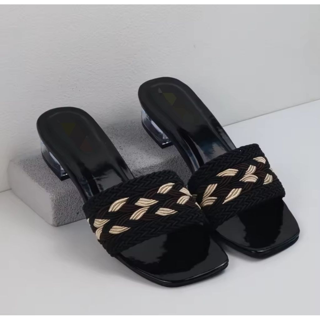 Sandal Wanita Dewasa Heels Motif Rajut Hak Kaca(Hak3Cm)