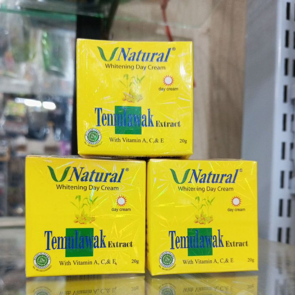 VNATURAL WHITENING DAY CREAM 20G | TEMULAWAK EXTRACT VIT A,C,E | HALAL | BPOM