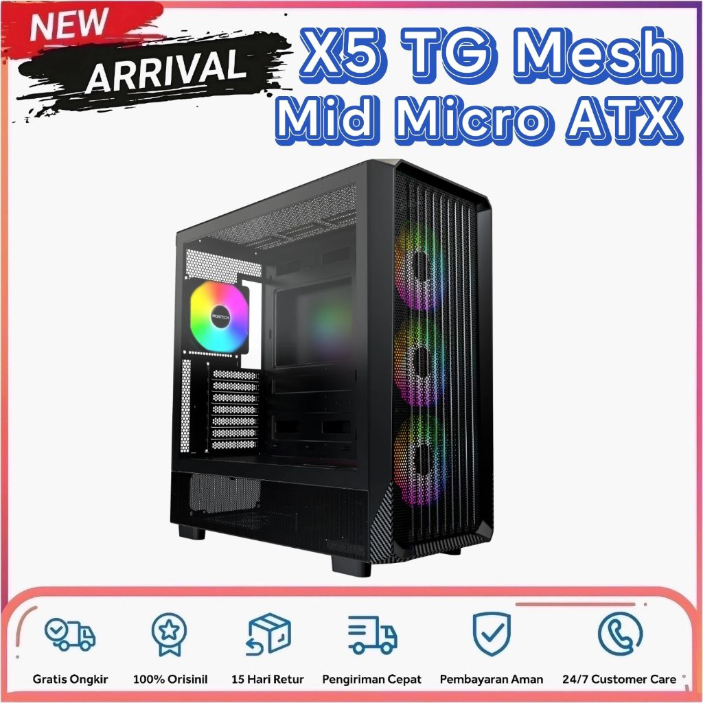Montech X5 TG Front Mesh Panel USB Type-C Mid Tower Micro ATX + 4 FAN ARGB Fixed