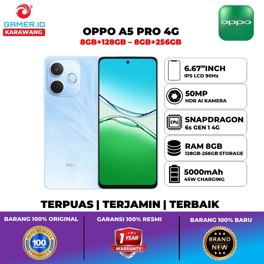 Oppo A5 Pro 4G Ram 8GB Up to 16GB Memori 256GB Snapdragon 6s Gen 1 4G Kamera 50MP Baterai 5800mAh