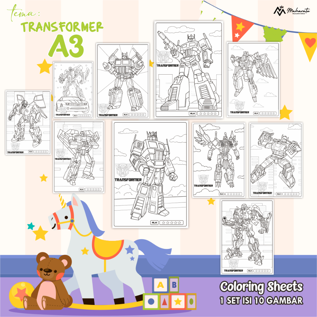 

[TRANSFOMER] KERTAS GAMBAR UNTUK ANAK PAUD/TK - LEMBAR MEWARNAI ANAK 1 SET - COLORING SHEETS