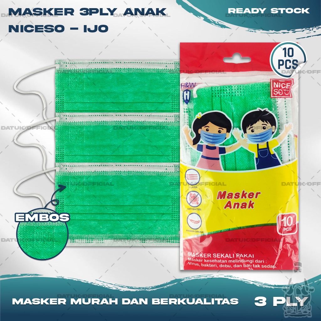 Masker Anak Medis 3Ply NICESO Isi 10Pcs Warna Hijau Green 3 Ply Earloop Surgical Mask Kemenkes