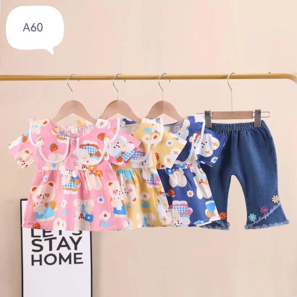 Setelan Jeans Baju Motif Beruang Anak Perempuan Usia 1-4 Tahun | Pakaian Terbaru Anak Cewek Model Se