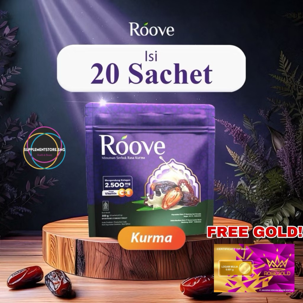 

(BONUS EMAS!) ROOVE Collagen Kurma 1 POUCH Isi 20 Sachet Original Minuman Kolagen Serbuk Suplemen Kecantikan Rasa Blueberry Strawberry Kopi