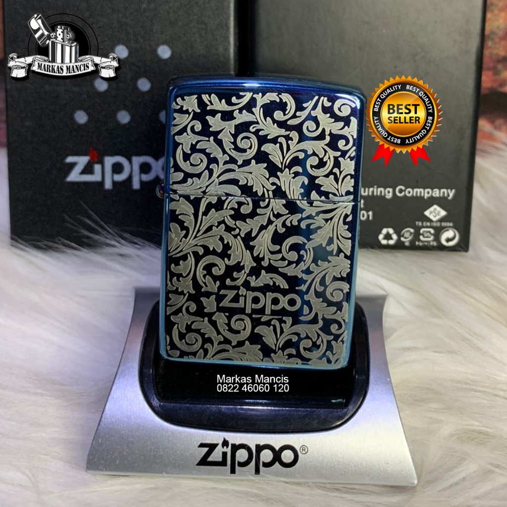 Korek Api Zippo Motif Batik Blue Glossy Two Side Premium