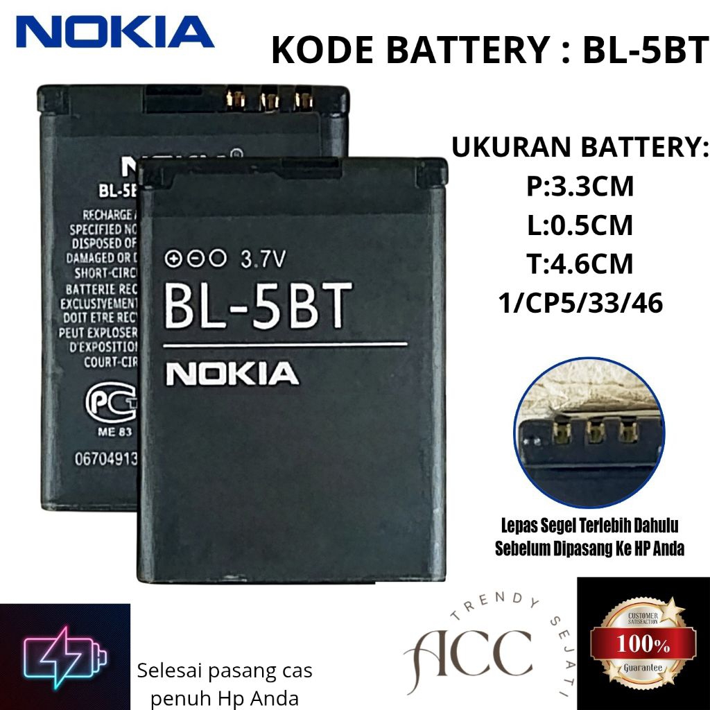 ORIGINAL BATERAI FOR  BL-5BT BL5BT Compatible Hp Nokia Jadul 2600c Classic 2608 7510 Supernova & Hp 