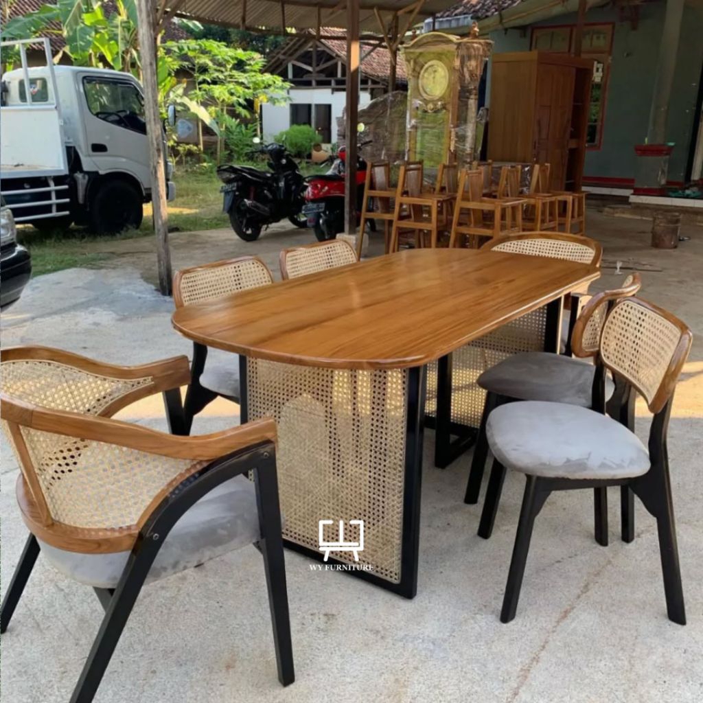 Set meja makan 6 kursi kayu jati, meja makan minimalis kayu jati