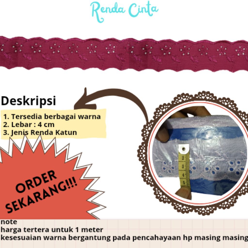Renda Baju Bahan Katun Lebar 4 cm Motif Tunggal