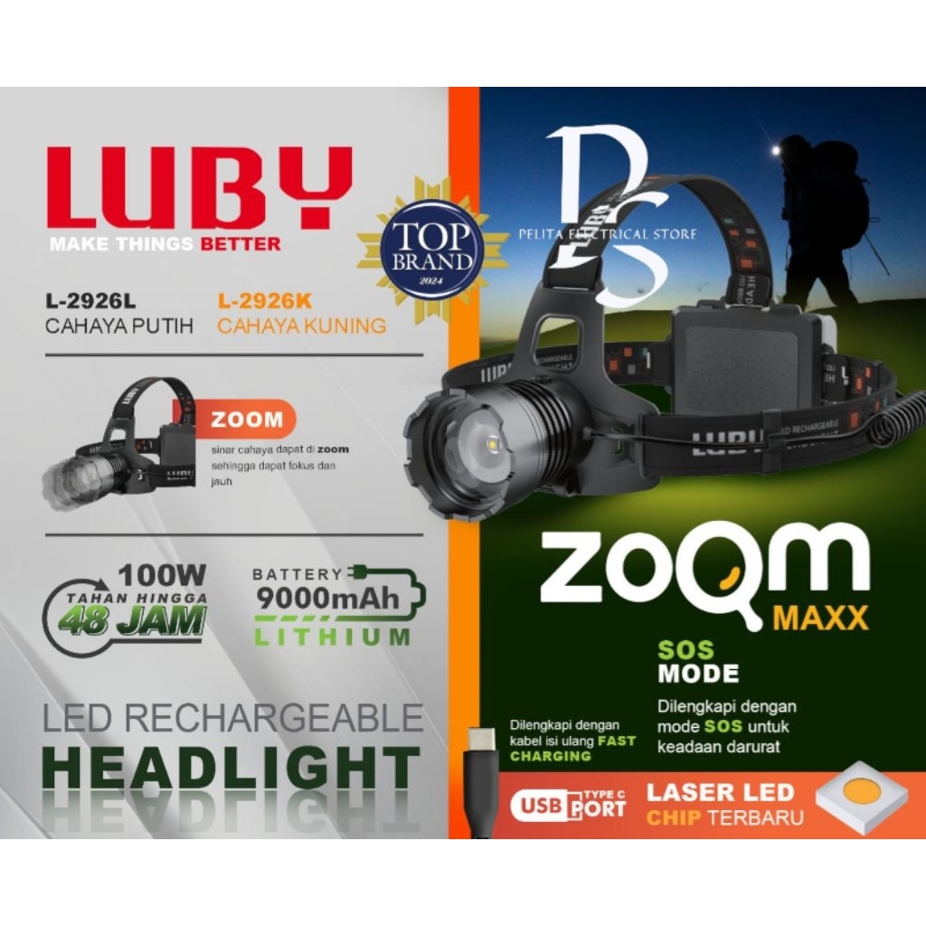 SENTER KEPALA ZOOM LED LUBY 100 WATT BATERAI LEPAS PASANG SUPER TERANG