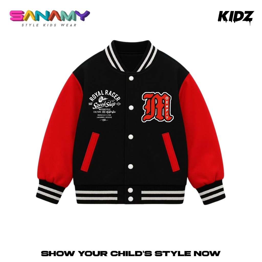 Sanamy Varsity Jaket Baseball Anak Laki Laki Dan Perempuan Royal Racer Usia 5-12 Tahun Initial M