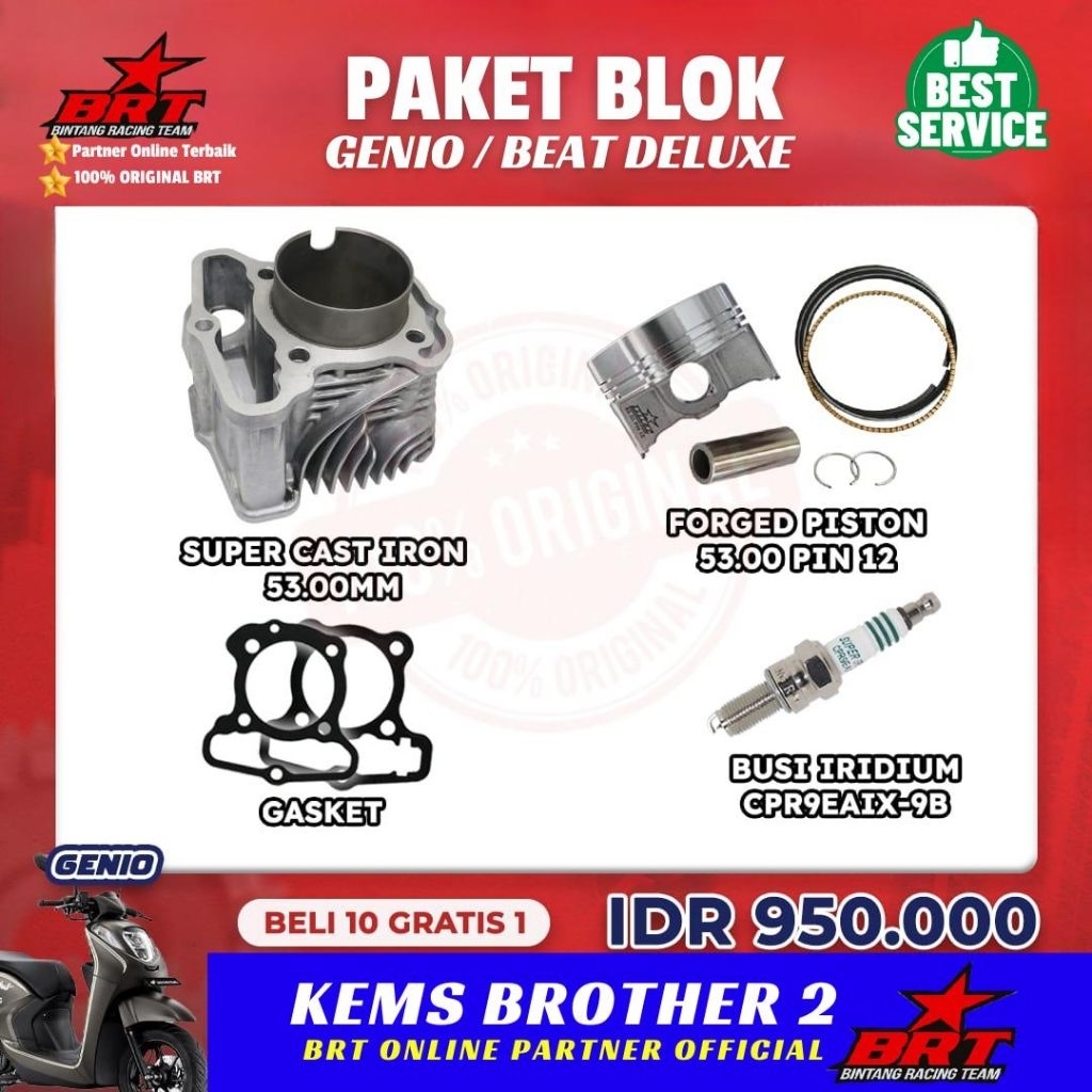 PAKET BORE UP BRT HONDA GENIO BRT BEAT 2020 BRT PIN 12 DIAMETER 53 MM FREE BUSI BRT