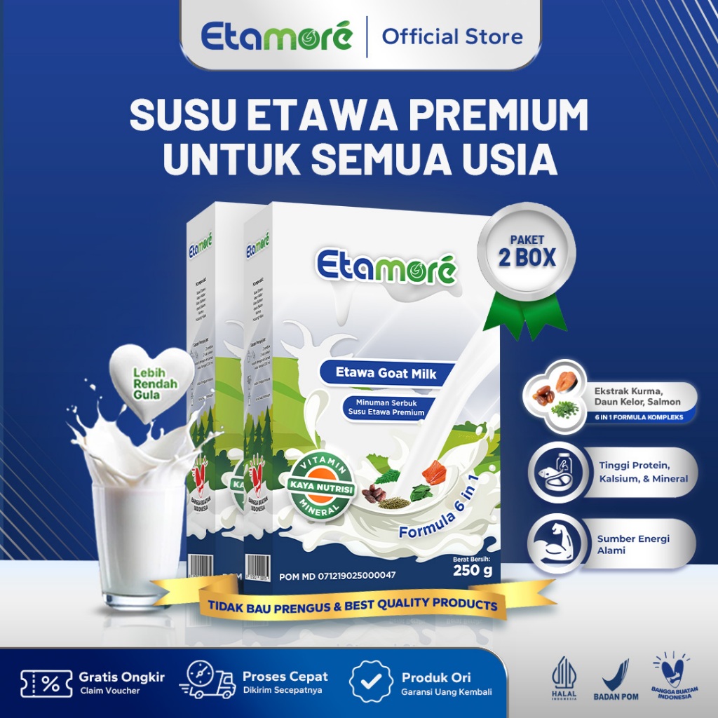 

Etamore 2 Box - Goat Milk Susu Etawa Premium Mengandung Daun Kelor Salmon Kurma Membantu Mengatasi Asam Urat Rematik Nyeri Sendi Sesak Nafas dan Asma