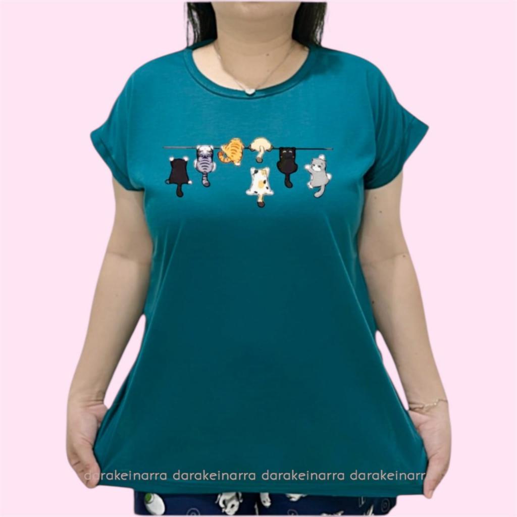 Darakeinarra- Kaos jumbo wanita Motif Kucing lengan pendek atasan ibu ibu kekinian baju bigsize hari