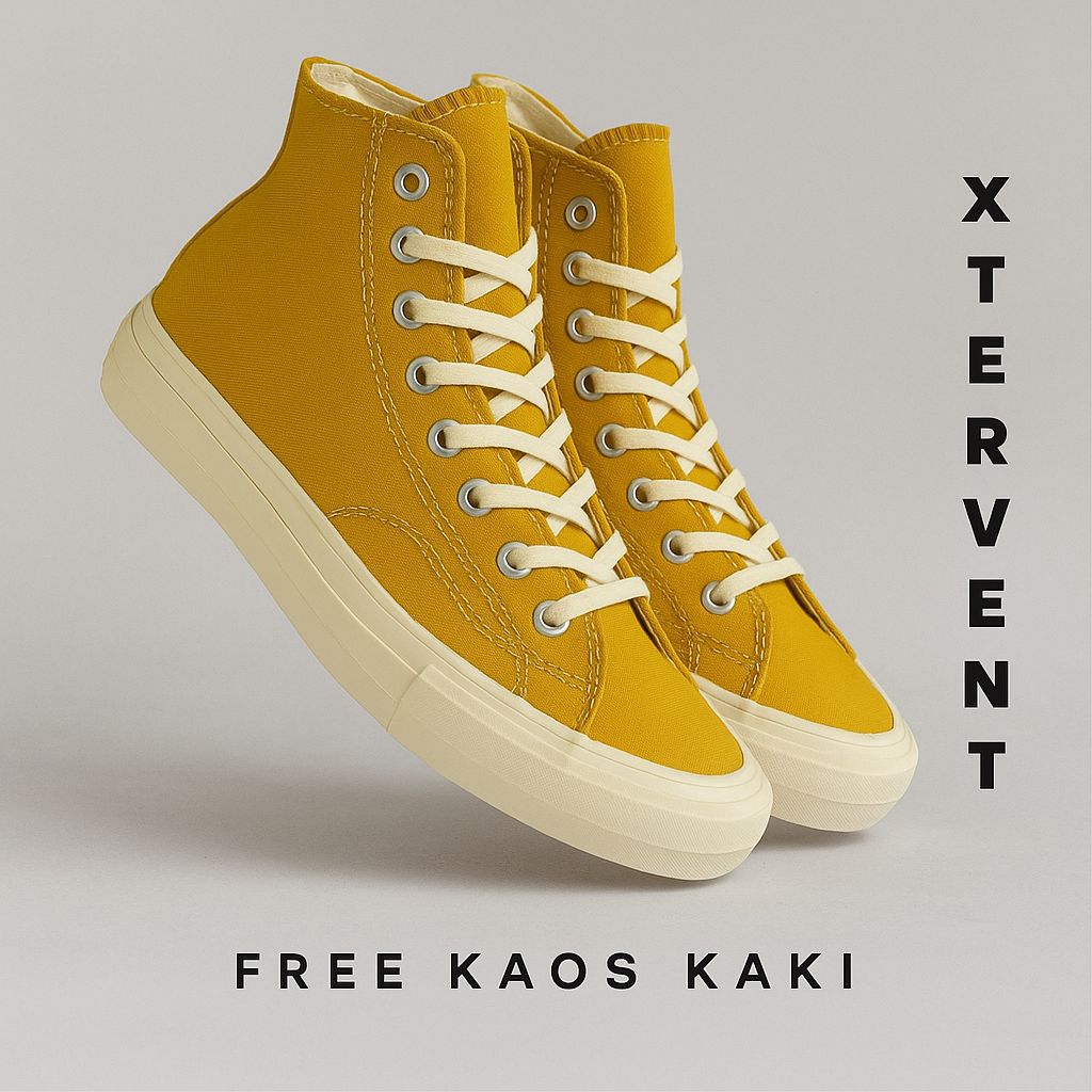 Sepatu Pria Wanita Sneakers Kasual Xtervent Kuning Kunyit Tinggi Free Kaos Kaki