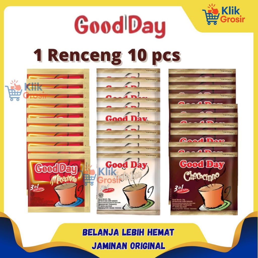 

RENCENG] GOOD DAY Kopi 20gr Renceng Isi 10 Pcs - Mocacinno \ Vanilla Latte \ Chococinno \ Kopi Gaul Masa Kini \ Siap Temani Harimu