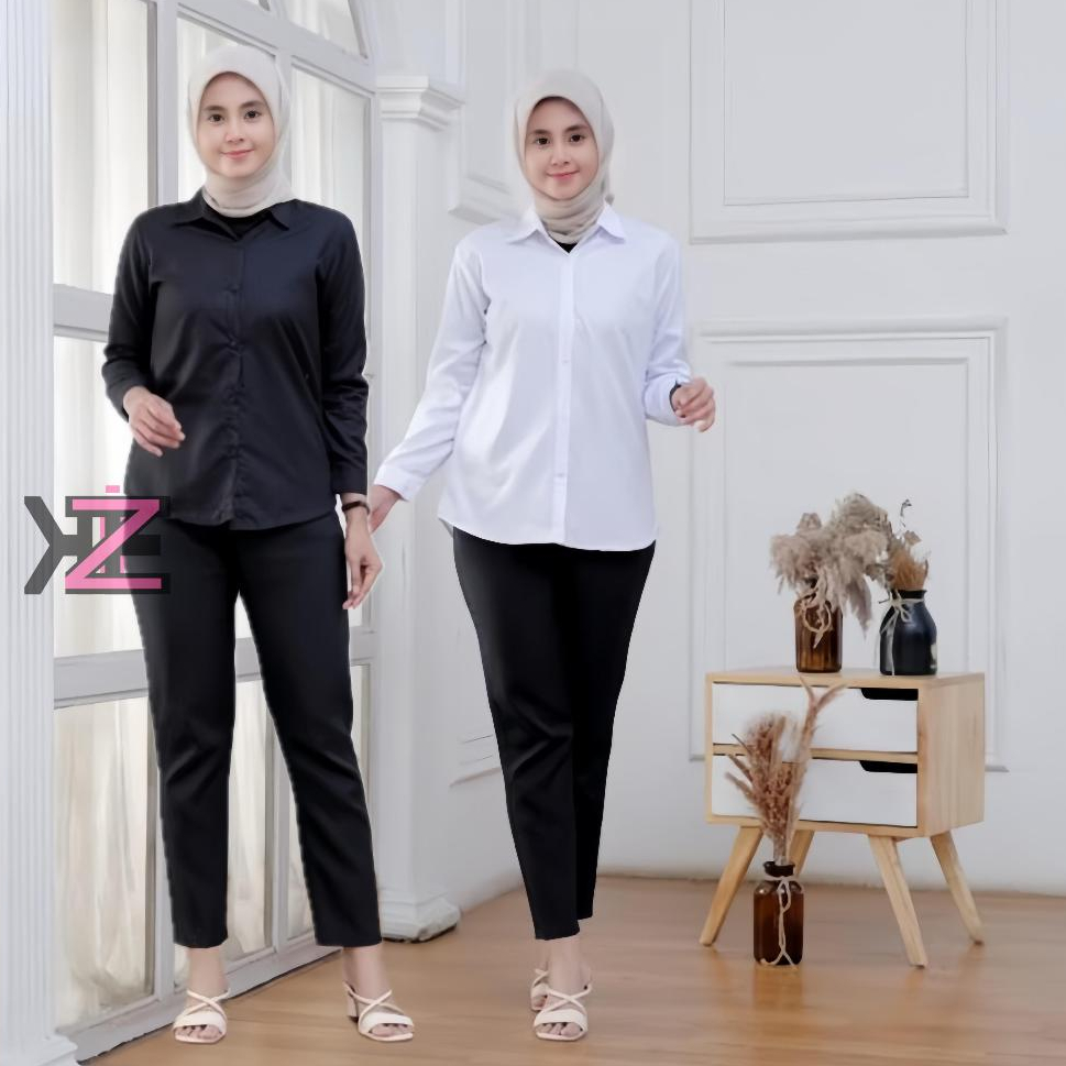 Kinze Mall Kemeja Putih Hitam lengan panjang wanita - Baju atasan wanita formal kasual kerja kuliah