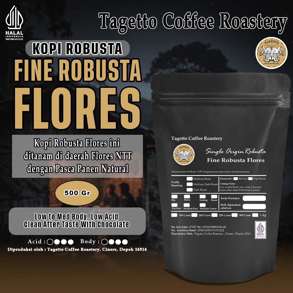 

BIJI KOPI FINE ROBUSTA FLORES 500GR | BEAN GROUND BUBUK 500 GRAM TAGETTO COFFEE