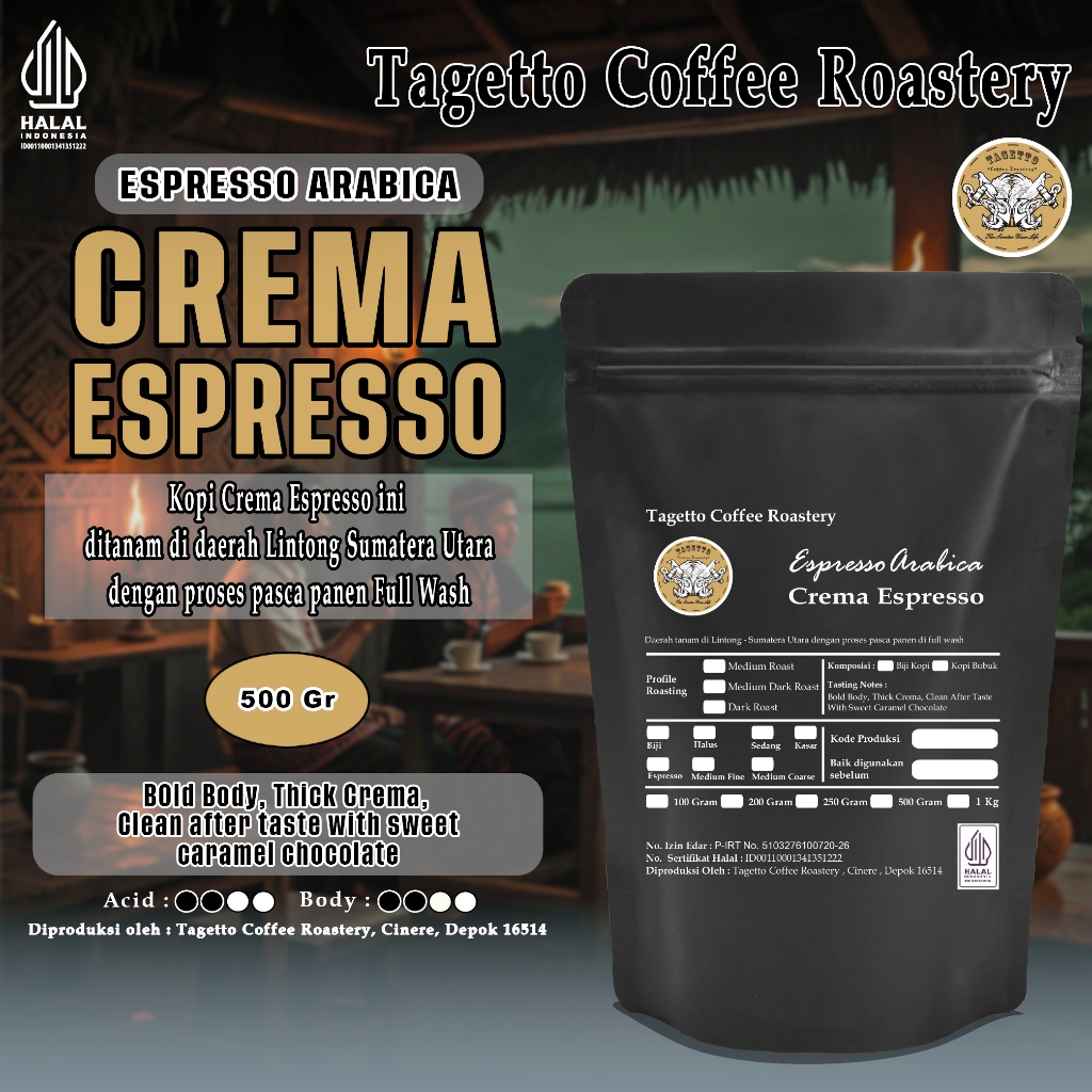 

BIJI KOPI CREMA ESPRESSO 500GR SPECIALTY ARABIKA | ARABICA BEAN GROUND BUBUK 500 GRAM TAGETTO COFFEE