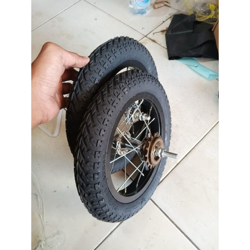 Velg pelek wheelset sepeda anak ukuran 12 depan belakang lengkap dengan ban luar dalam dan gir kompl