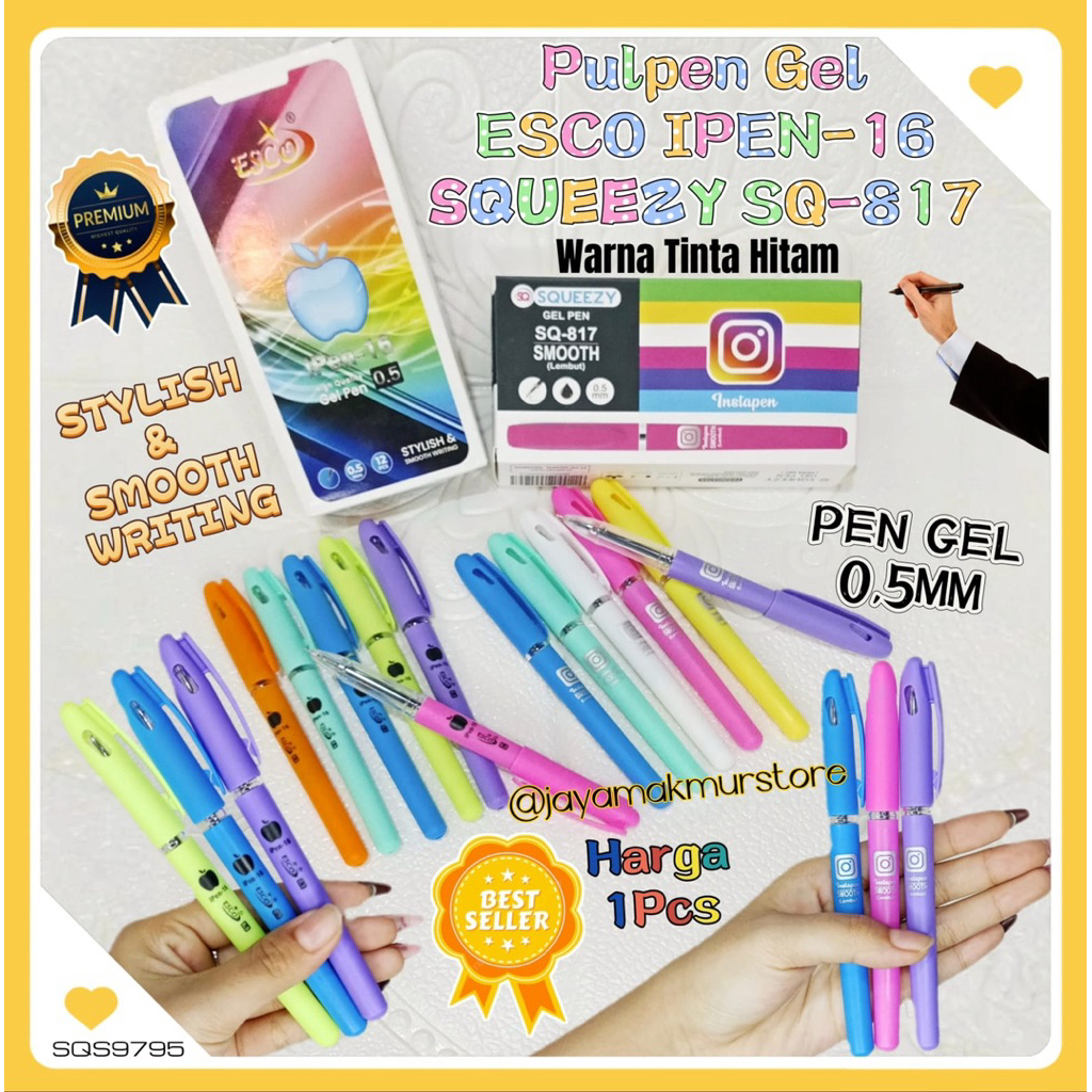 

(1PCS) PULPEN GEL ESCO IPEN-16 0.5MM / PULPEN JEL SQUEEZY SQ-817 / PEN GEL WARNA HITAM / INSTAPEN LEMBUT / BOILPOINT GEL SMOOTH WRITING / SQS9795
