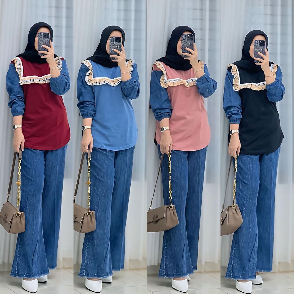 Setelan Jeans Wanita Kekinian Setealan Wanita Terbaru Setelan Celana Jeans Kekinian One set Jeans Wa