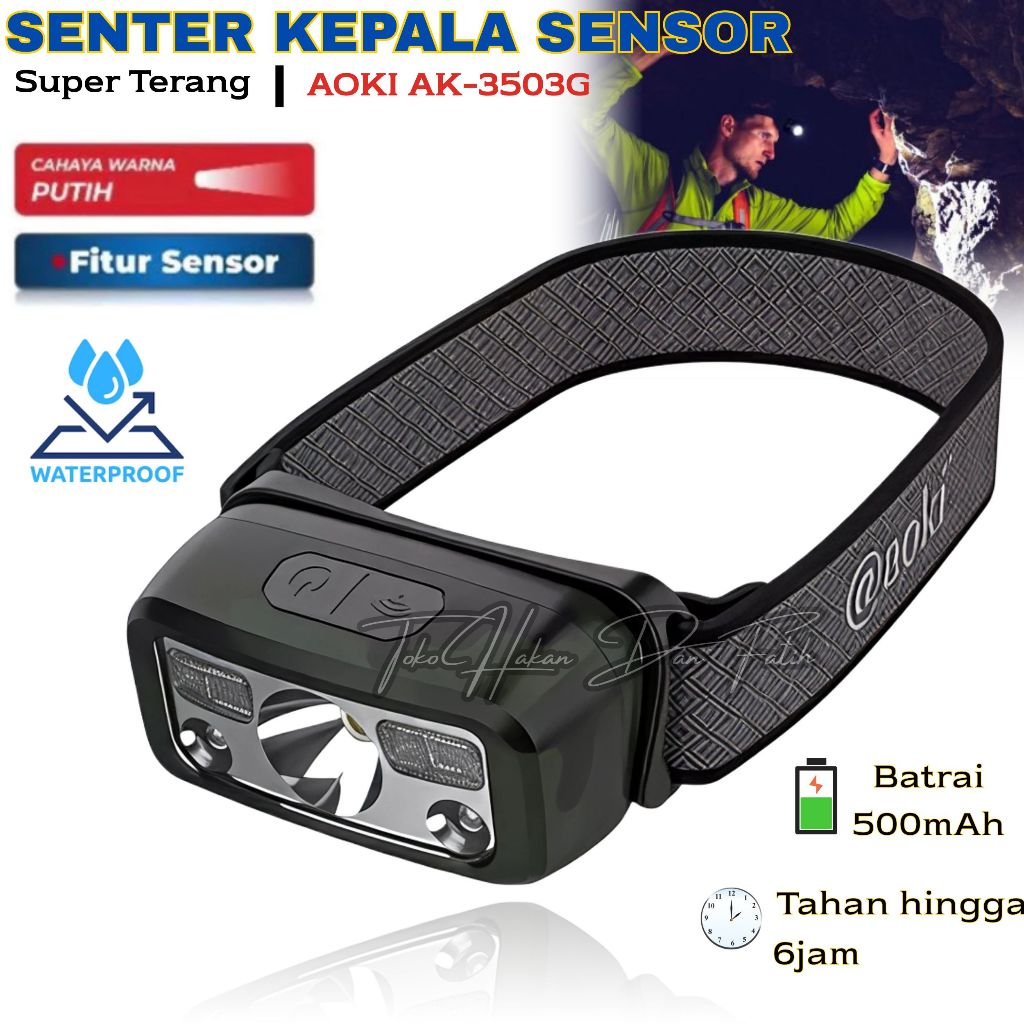 Senter Kepala Cas Sensor Cerdas Aoki Ak-3503G / Senter Kepala Aoki Army Free Ikat kepala & Kabel Cha