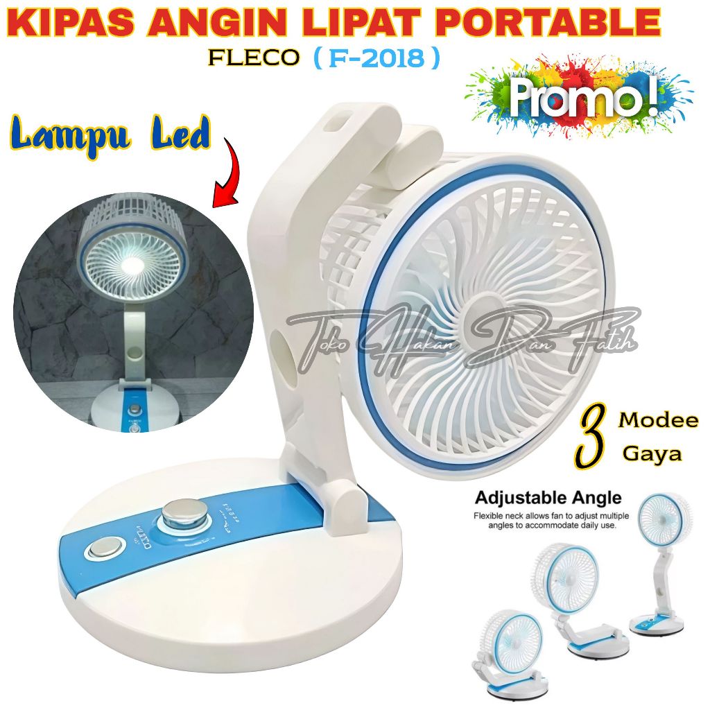kipas angin LED dan lipat FLECO F-2018 kipas folding fan, batre, dan bisa di cas/portabel
