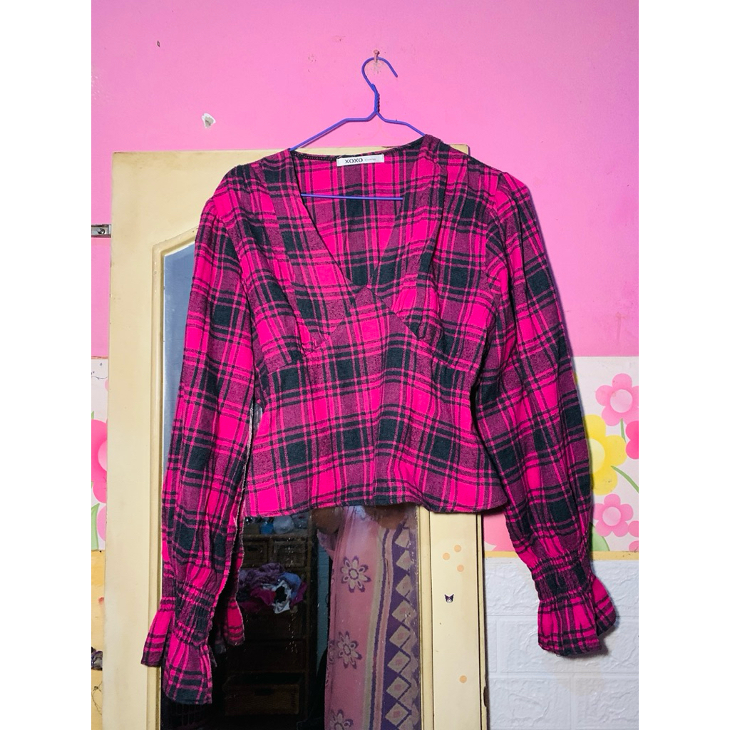 preloved atasan pink plaid kotak kotak
