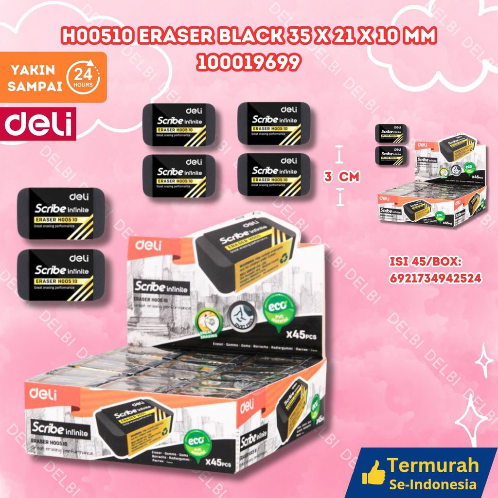 

H00510 Eraser BLACK 35x21x10mm DELI PENGHAPUS SETIP BX1080 BX45