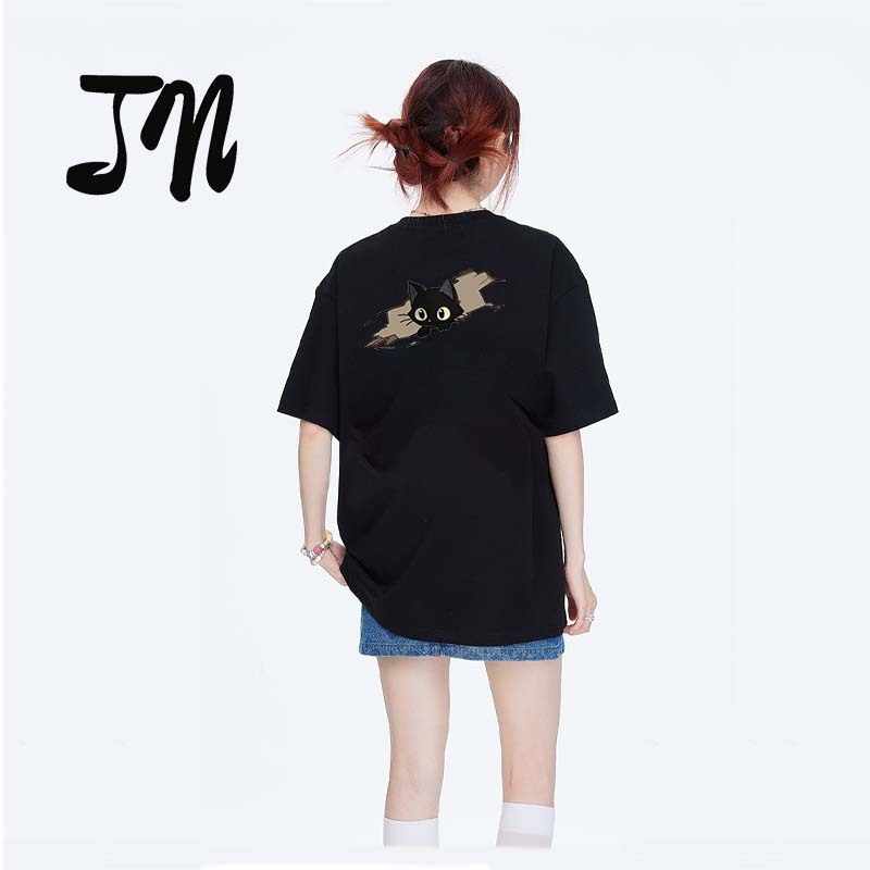 JN Kaos Desain cetak pola kucing, gaya unisex, katun bernapas 100% warna solid hitam dan putih, kaos