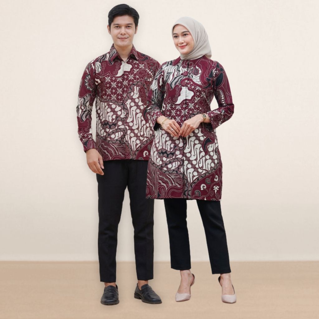 Batik Couple Premium Full Trikot Batik Dadi Laris Tunik dan Kemeja S M L XL XXL LD 120 Jumbo burgund