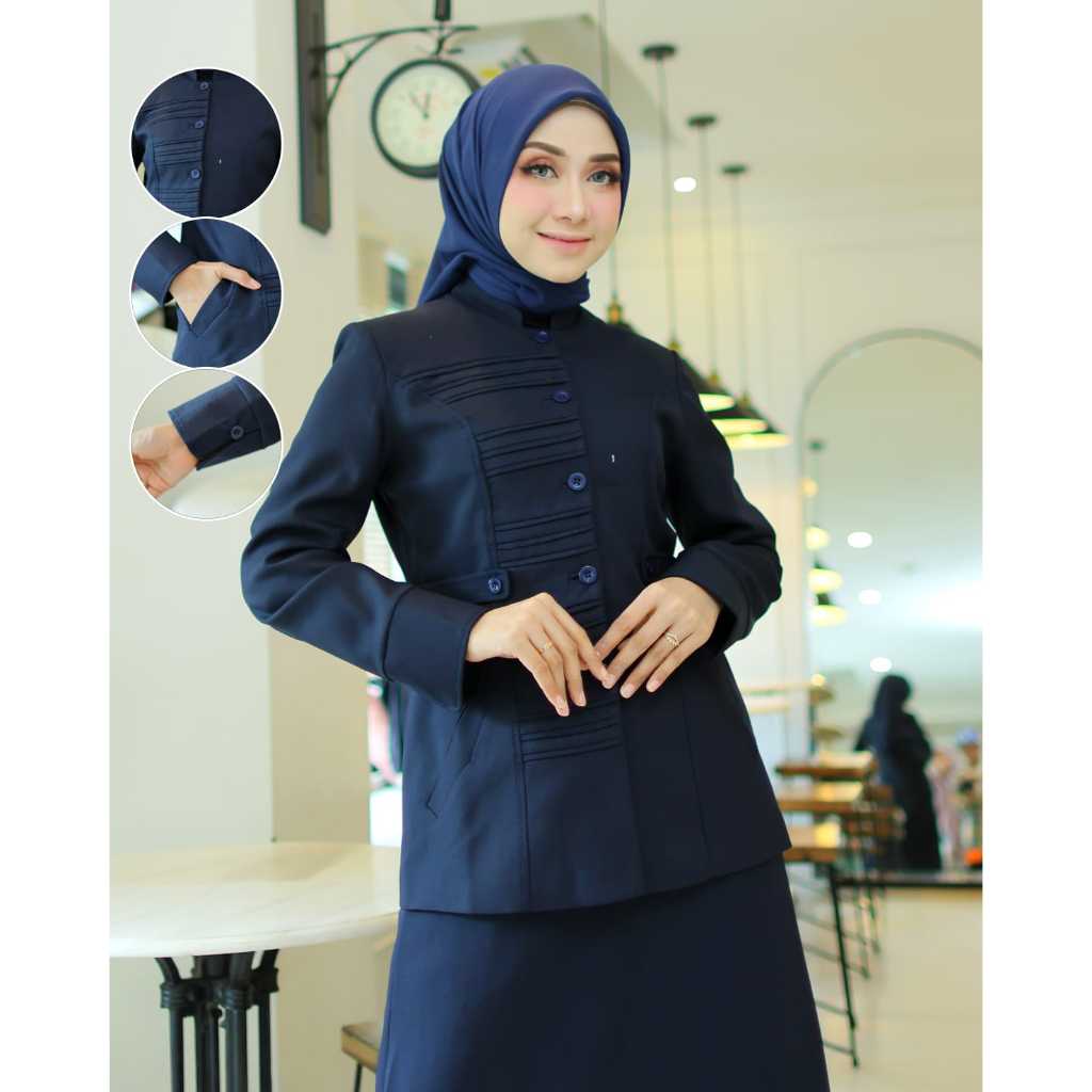 Seragam Kerja Dinas Biru Dongker Wanita Standar Stik Garis Setelan Rok A/Span/Celana Panjang Poliest