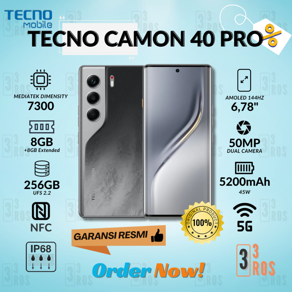TECNO CAMON 40 Pro 5G - 8+8GB*/256GB, Mediatek D7300 Ultimate, 6.78” FHD+144HZ 3D Curved Amoled, 50M